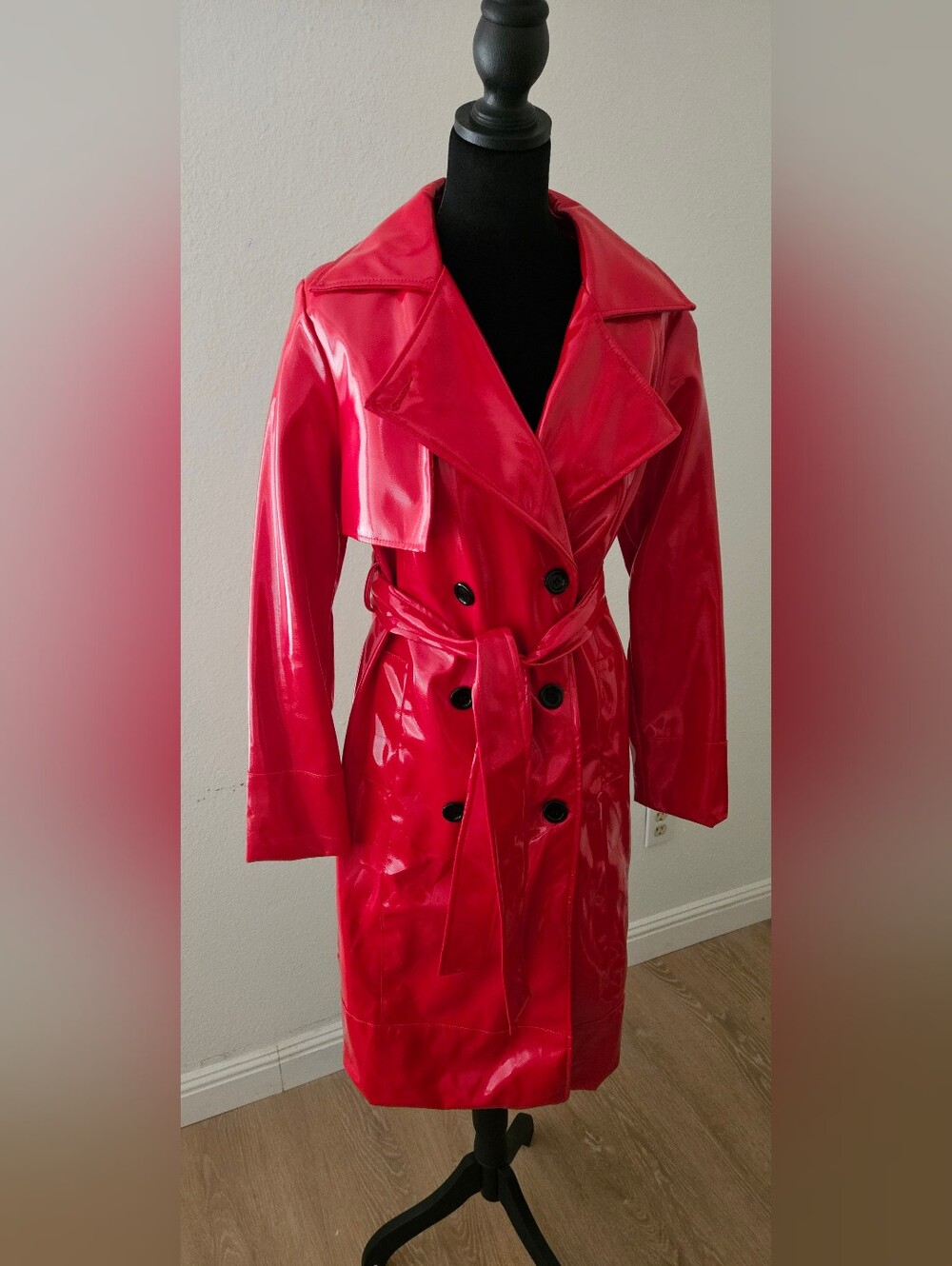 Glossy Red Patent Trench Coat with Belt